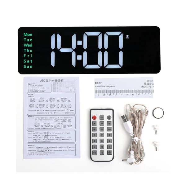 Stor digital vægur - DZZ-WWHWWH-001 - 40,6 cm LED - Temperatur & luftfugtighed - Ugedag - Justerbar lysstyrke - 12/24 t - Smart