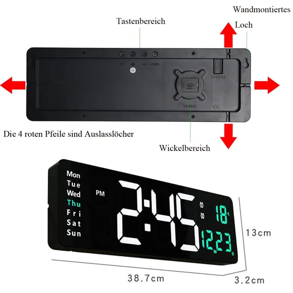 Stor digital vægur - DZZ-WWHWWH-001 - 40,6 cm LED - Temperatur & luftfugtighed - Ugedag - Justerbar lysstyrke - 12/24 t - Smart