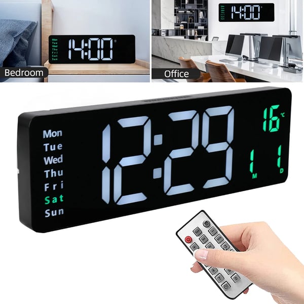 Stor digital vægur - DZZ-WWHWWH-001 - 40,6 cm LED - Temperatur & luftfugtighed - Ugedag - Justerbar lysstyrke - 12/24 t - Smart