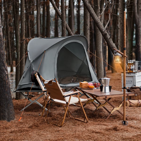 OGS60-HG 4-i-1 overlevelsestelt & feltseng, 1-person campingsæt, sovepose, madras og tilbehør, grå