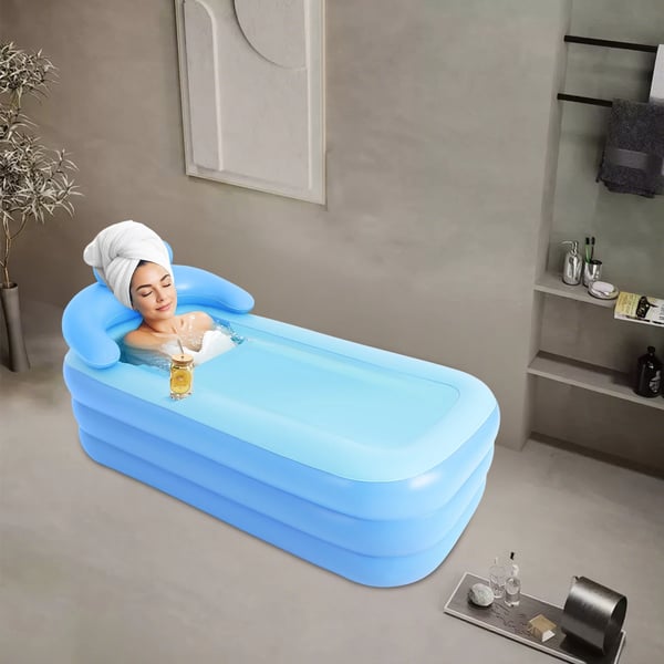 Bærbart Oppusteligt Badekar - SPA-badekar - Sammenklappeligt - Ergonomisk Ryglæn - Låg med Lynlås - Forstærket PVC - Voksne/Børn - Blå