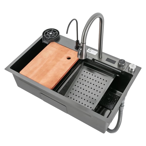 Køkkenvask - Dobbeltkumme - 201 rustfrit stål - 75×46×20 cm - Rektangulær - Med armatur - 1 hul - Sort