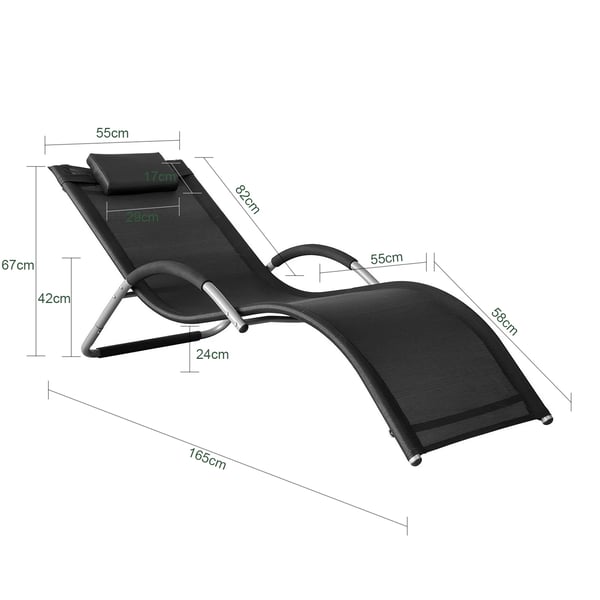 OGS38 Solseng, relaxstol med puder, 120 kg belastning, ca. 55x67x165 cm, sort, til have, gårdhave, strand, altan