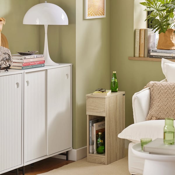 FBT111, Natbord/sidobord med skuffe, smalt design, kaffebrun, til boxmadras og sofa
