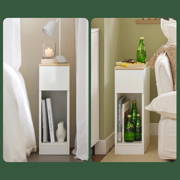 FBT111x2, Sengebord 2 stk. med skuffe, smalt sidebord til boxmadras/sofa, hvid