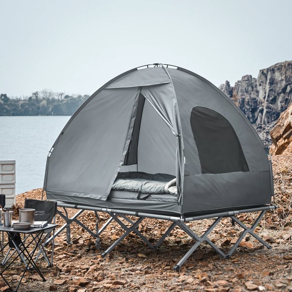 OGS32-L, 4-i-1 teltpakke, 2-personers campingtelt med campingseng, sovepose, luftmadras, grå