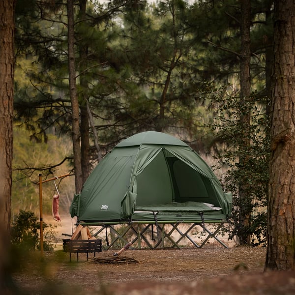 OGS32-L, 4-i-1 teltsæt, 2-personers campingtelt med feltseng, sovepose, luftmadras og tilbehør, grøn