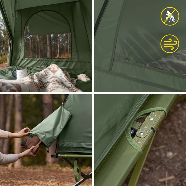 OGS32-L, 4-i-1 teltsæt, 2-personers campingtelt med feltseng, sovepose, luftmadras og tilbehør, grøn