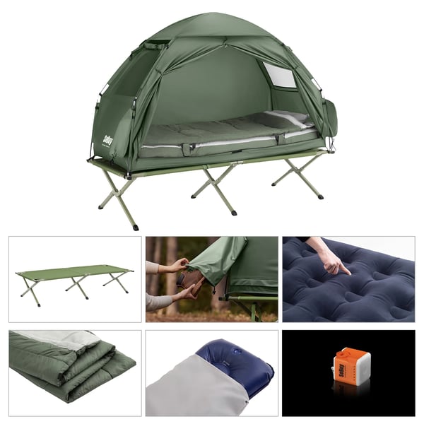 OGS32, 1-person iglotelt, 4‑i‑1 strand/camping, med bæretaske & elektrisk luftpumpe, grøn