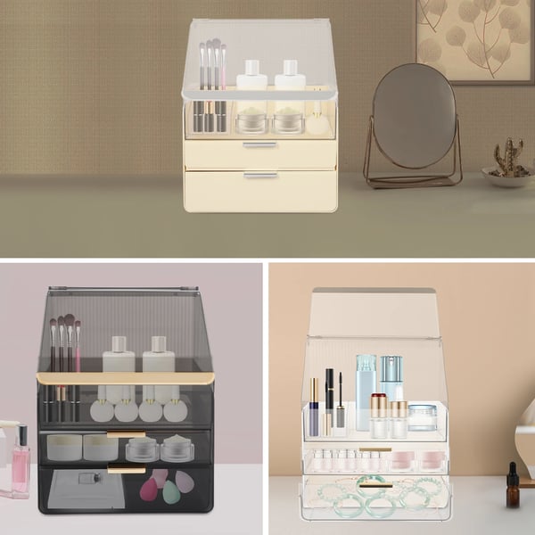 Makeup- og kosmetikorganizer - Opbevaringsboks - Rektangulær - Aftageligt Design - Med Låg og Skuffer - Gul
