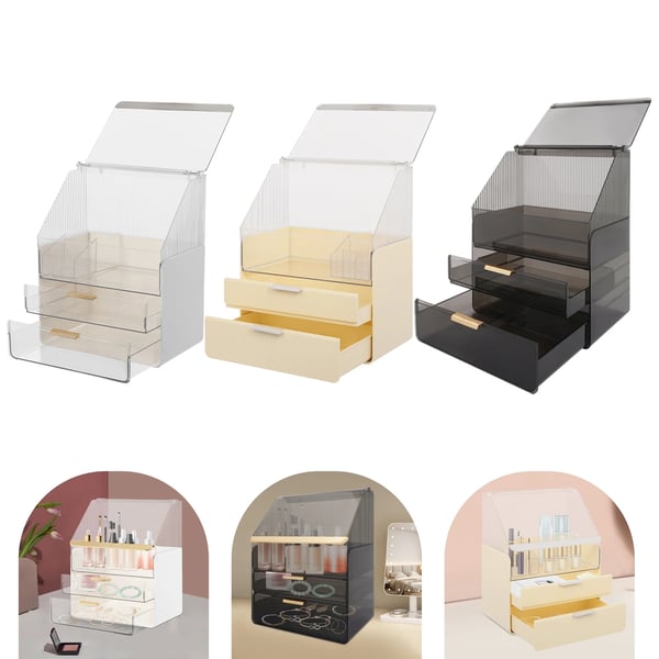 Makeup- og kosmetikorganizer - Opbevaringsboks - Rektangulær - Aftageligt Design - Med Låg og Skuffer - Gul