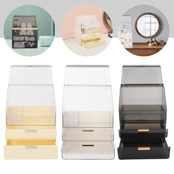 Makeup- og kosmetikorganizer - Opbevaringsboks - Rektangulær - Aftageligt Design - Med Låg og Skuffer - Gul