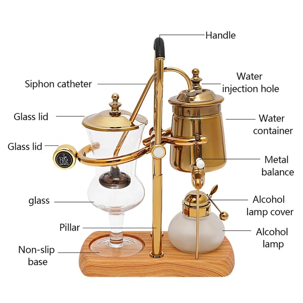 Belgialainen balance syphon - sifoni kahvinkeitin - Vakuumiuutto - 400 ml - Borosilikaattilasi & ruostumaton teräs - Kulta