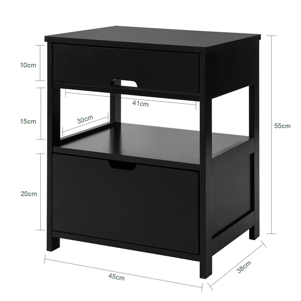 FRG258-W sidebord/natbord, 2 skuffer og 2 hylder, ca. 45×55×38 cm, sort