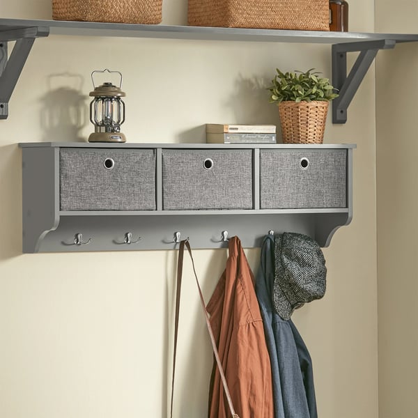 FRG282 væghængt garderobe til entré, 3 kurve & 5 kroge, ca. 100×30×20 cm, lysegrå
