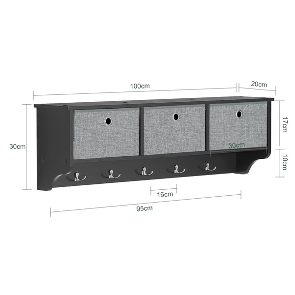 FRG282, væghængt entrégarderobe/knagerække, 3 kurve & 5 kroge, ca. 100×30×20 cm, sort