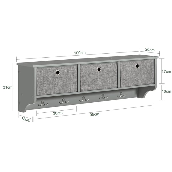 FRG282 væghængt garderobe til entré, 3 kurve & 5 kroge, ca. 100×30×20 cm, lysegrå