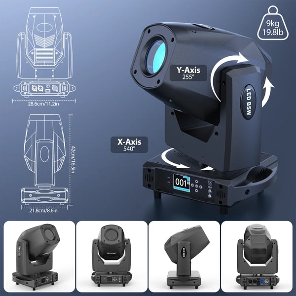 LED Moving Head Scenelys - 200W Beam - Hvid LED - DMX512/RDM 18 Kanaler - Auto/Lyd/Master-Slave - 90–240V - EU-stik