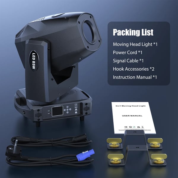 LED Moving Head Scenelys - 200W Beam - Hvid LED - DMX512/RDM 18 Kanaler - Auto/Lyd/Master-Slave - 90–240V - EU-stik