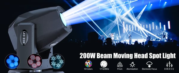 LED Moving Head Scenelys - 200W Beam - Hvid LED - DMX512/RDM 18 Kanaler - Auto/Lyd/Master-Slave - 90–240V - EU-stik