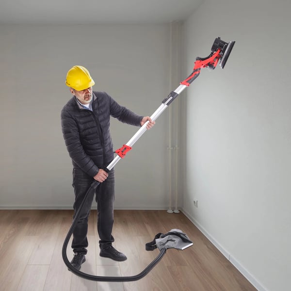 Gipssliber til loft & væg - Excentersliber - 850 W - 6 hastigheder 800–1800 o/min - LED-lys - Støvsæk - 0–90° justerbart hoved - 220 V - Rød