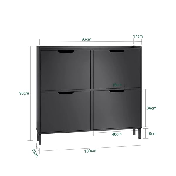FSR100 skoskab, 4 klapper, 8 hylder, smal, sort