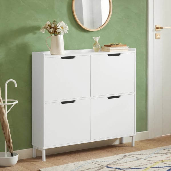 FSR100, kenkäkaappi, 4 kippiluukkua, 8 hyllyä, kapea malli, valkoinen