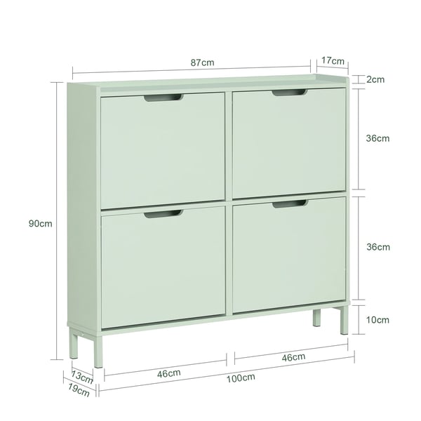 FSR100 skoskab, 4 klaplåger, 8 hylder, smalt design, lysegrøn