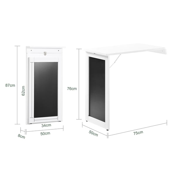 FWT20-W vægklapbord, spise-/køkkenbord med memoboard, 50x76x75 cm, hvid
