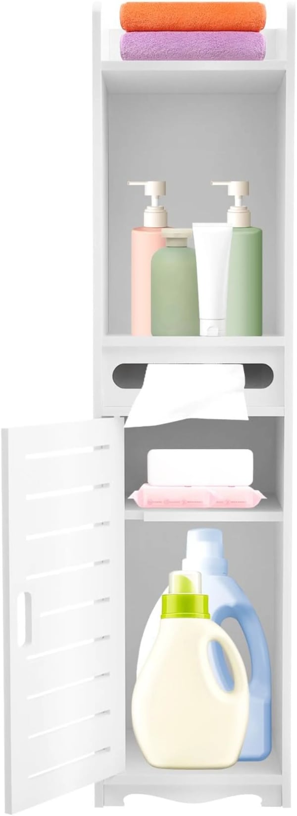 Kylpyhuonekaappi - Kapea vapaasti seisova kaappi - 80 cm korkea - 20×20 cm - PVC - Ovi ja hylly - WC-paperilokero - Valkoinen