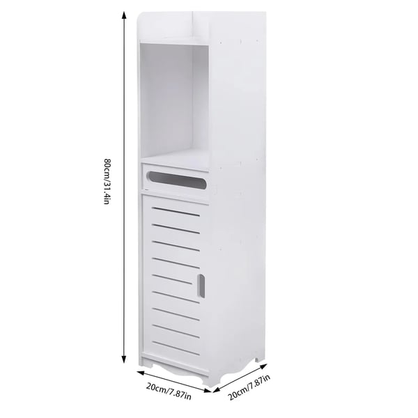 Kylpyhuonekaappi - Kapea vapaasti seisova kaappi - 80 cm korkea - 20×20 cm - PVC - Ovi ja hylly - WC-paperilokero - Valkoinen