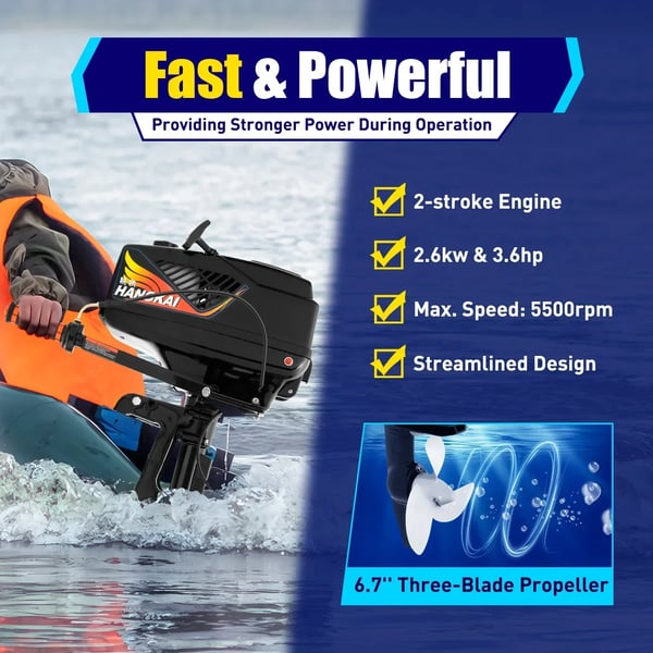 Påhængsmotor/Bådmotor - 3,6 hk 2-takt - 55 cc - Manuel tilt - Tank 1,5 L - 4000–5500 o/min - Propel 17 cm - Sort