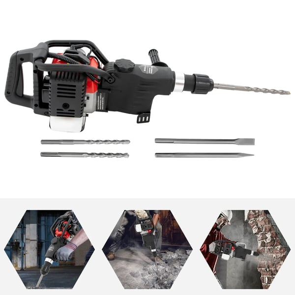 Nedbrydningshammer - Benzindrevet 33 cm³ 2-takt - Effekt 1000 W - Slagenergi 30 J - Slagfrekvens 2300–4000/min - Håndstart - Sort