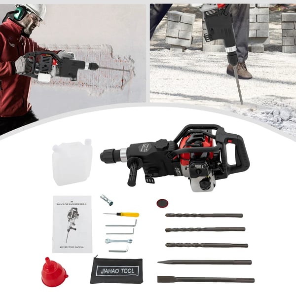 Nedbrydningshammer - Benzindrevet 33 cm³ 2-takt - Effekt 1000 W - Slagenergi 30 J - Slagfrekvens 2300–4000/min - Håndstart - Sort