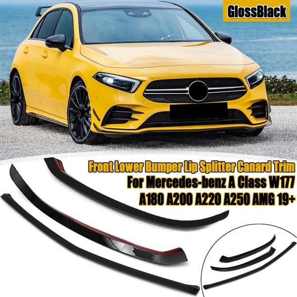 Frontlæbe Splitter Canard - Til A-klasse W177 A180 A200 A220 A250 2019+ - 3 Dele - Forreste Nedre Kofanger - Blank Sort