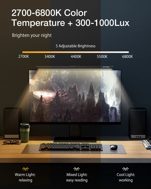 Monitor Light Bar skærmlampe - BW-CML2 Air - Genopladeligt batteri - ≤60 lm - Blinkefunktion - Til computerskærm - Øjenbeskyttelse