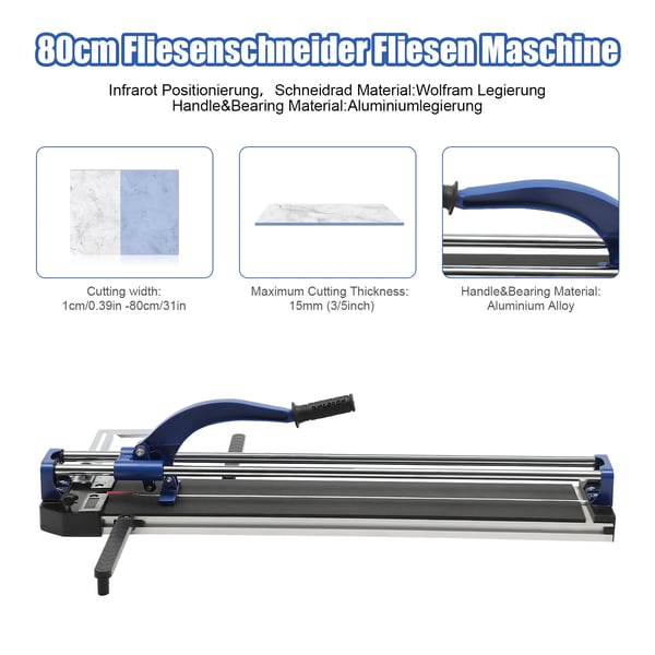 Fliseskærer - Manuel - 800 mm Skærelængde - 15 mm Skæredybde - Glidevogn - Blå