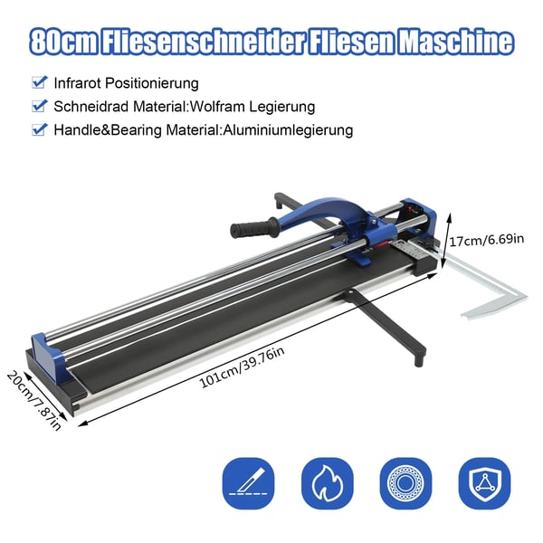 Fliseskærer - Manuel - 800 mm Skærelængde - 15 mm Skæredybde - Glidevogn - Blå
