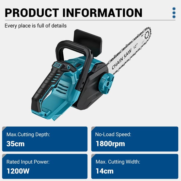 Kædesav - Trådløs - 30,5 cm Sværd - Børsteløs Motor - 1200 W - LCD-Skærm - Let & Bærbar - Uden Batteri