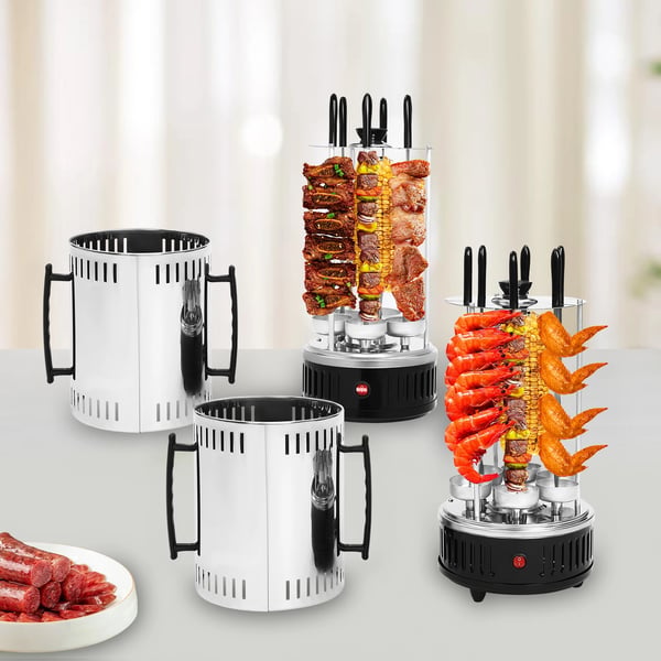 Pystysähkögrilli - SW-6 varrasgrilli - 1000 W - Ruostumaton teräs - Automaattinen pyöritys - Kebabille ja shawarmalle - Musta