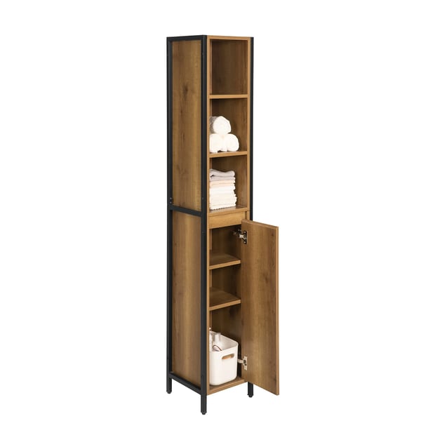 Badeværelseshøjskab BZR62-PF, 3 åbne rum og 1 dør, vintage-look, brun, 30×168×28 cm