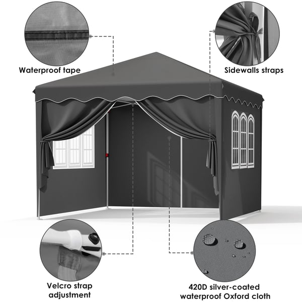 Pavillon Partytelt - Pop-up 3 x 3 m - Med Sidevægge - Stålstel - Oxforddug PVC-belagt - Højde 176–200 cm - Sammenklappelig - Vandtæt - Sort