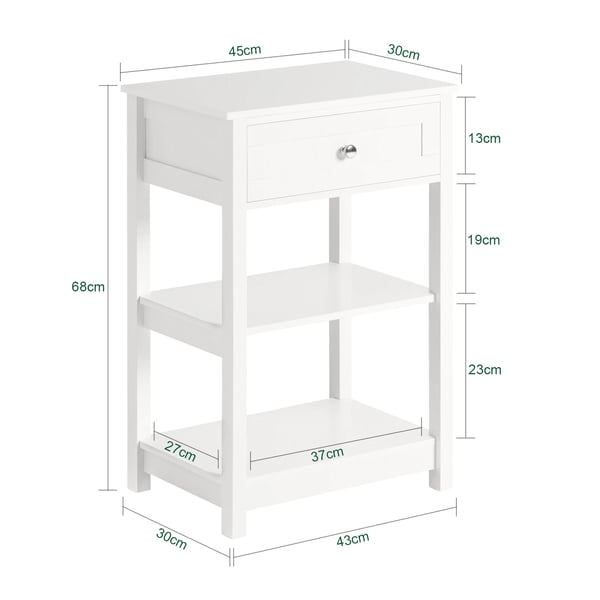 FBT46, sidebord/natbord/sofabord, 1 skuffe & 2 hylder, hvid, ca. 45×69×30 cm