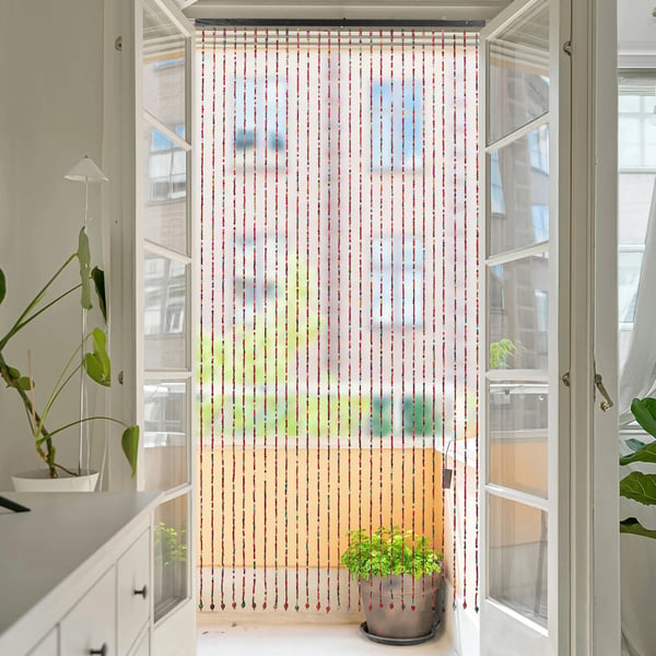 Oviverho puuhelmistä - Helmiverho - Koko 90 x 175 cm - 27 Nauhaa - Sisältää Tangon - Koottava - Ruskea