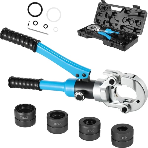 Hydraulinen putkipuristin - Puristuspihdit TH - 16/20/26/32 mm leuat - 16 t - 360° kääntyvä pää - Kupari, alumiini, PEX, PB - Sininen