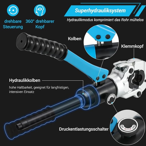 Hydraulisk rørpresser - Presstang TH - 16/20/26/32 mm bakker - 16 t - 360° roterende hoved - Til kobber, aluminium, PEX, PB - Blå