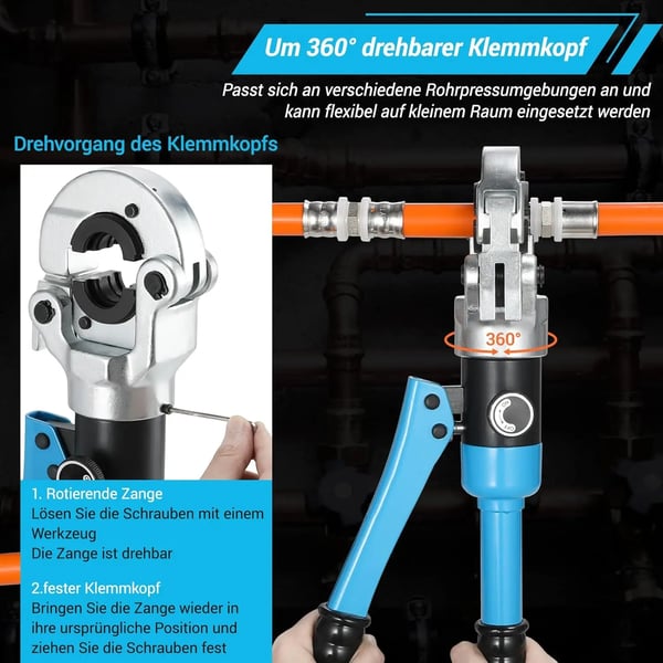 Hydraulisk rørpresser - Presstang TH - 16/20/26/32 mm bakker - 16 t - 360° roterende hoved - Til kobber, aluminium, PEX, PB - Blå