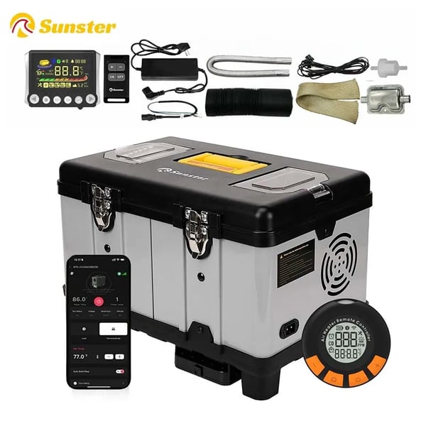 Diesel parkeringsvarmer - TB10 Pro værktøjskasse-varmer - 8 kW - 12/24V&110–240V AC - CO-overvågning - LCD+fjern+BT - Auto start/stop - Sort