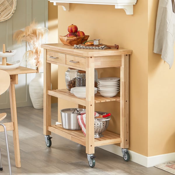 FKW24-N serveringsvogn, køkkenvogn i gummitræ, B80×D40×H90 cm, lys kaffebrun