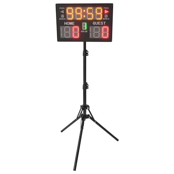 LED Løbstimer & Scoreboard - Stativmodel - Justerbar Højde 110–147 cm - Fjernbetjening 30 m - 0–199 Point - 0–9 Perioder - Rød LED - Sort